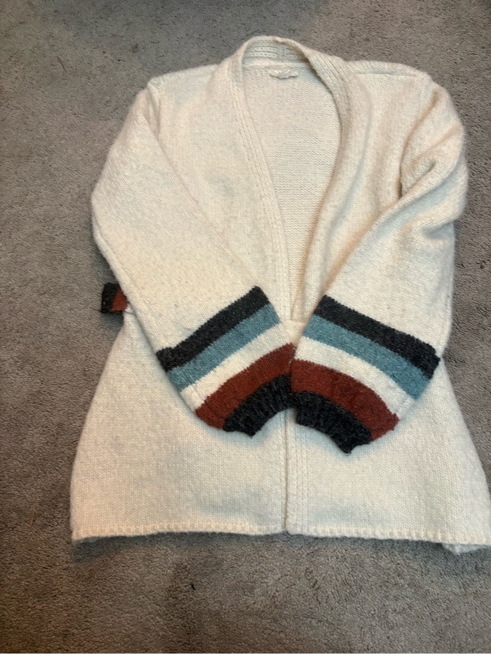 Mystree Cream Open-Front Cardigan with Multicolor Striped Cuffs